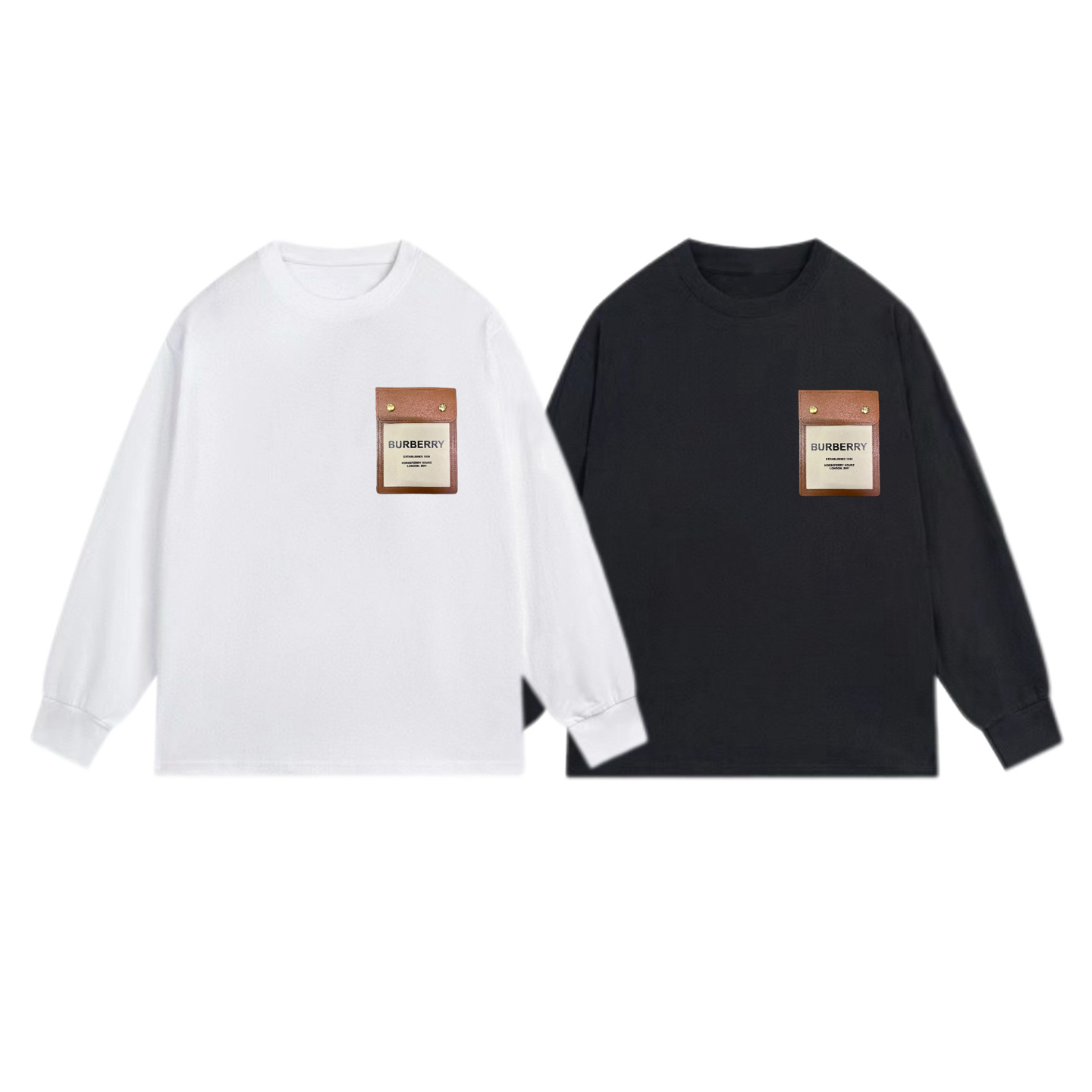 Burberry New High-Quality Crew Neck Long Sleeve T-Shirt with Leather Label Pocket (Couple Style)
