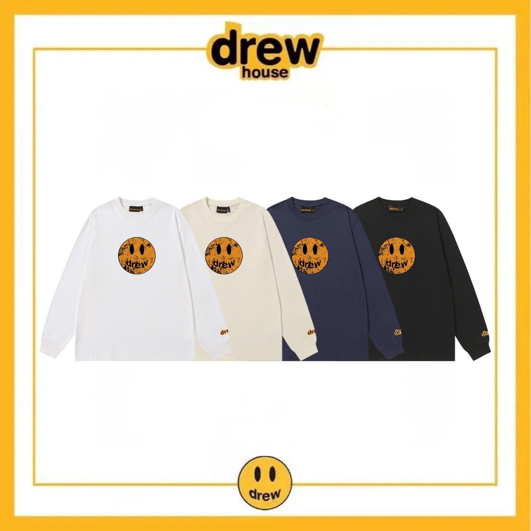 DREW HOUSE distressed smiley face T-shirt, a loose-fitting, high-street cotton long-sleeved T-shirt from the American fashion brand Justin Bieber. Unisex