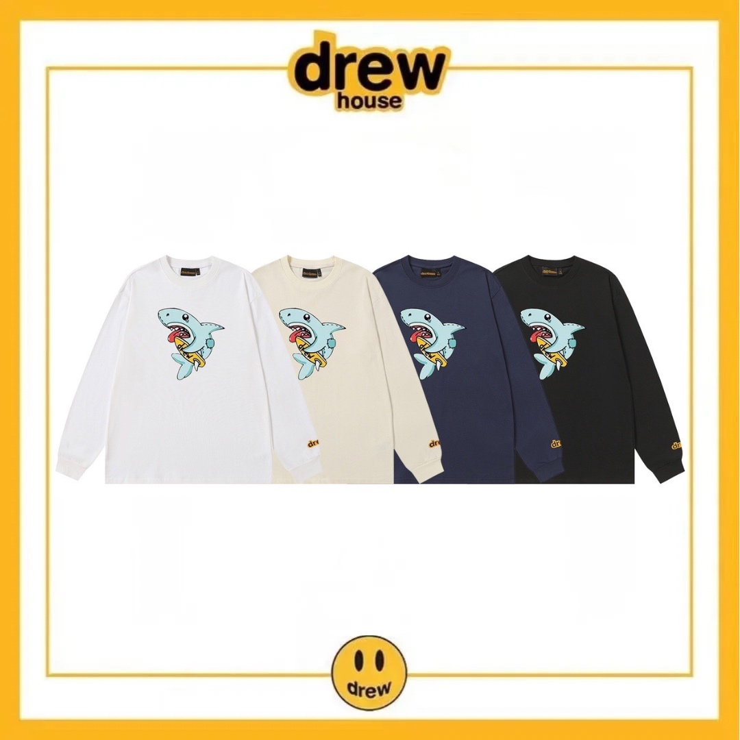 DREW HOUSE cartoon shark, a trendy American brand similar to Justin Bieber's, loose-fitting, high-street cotton long-sleeved T-shirt. Unisex