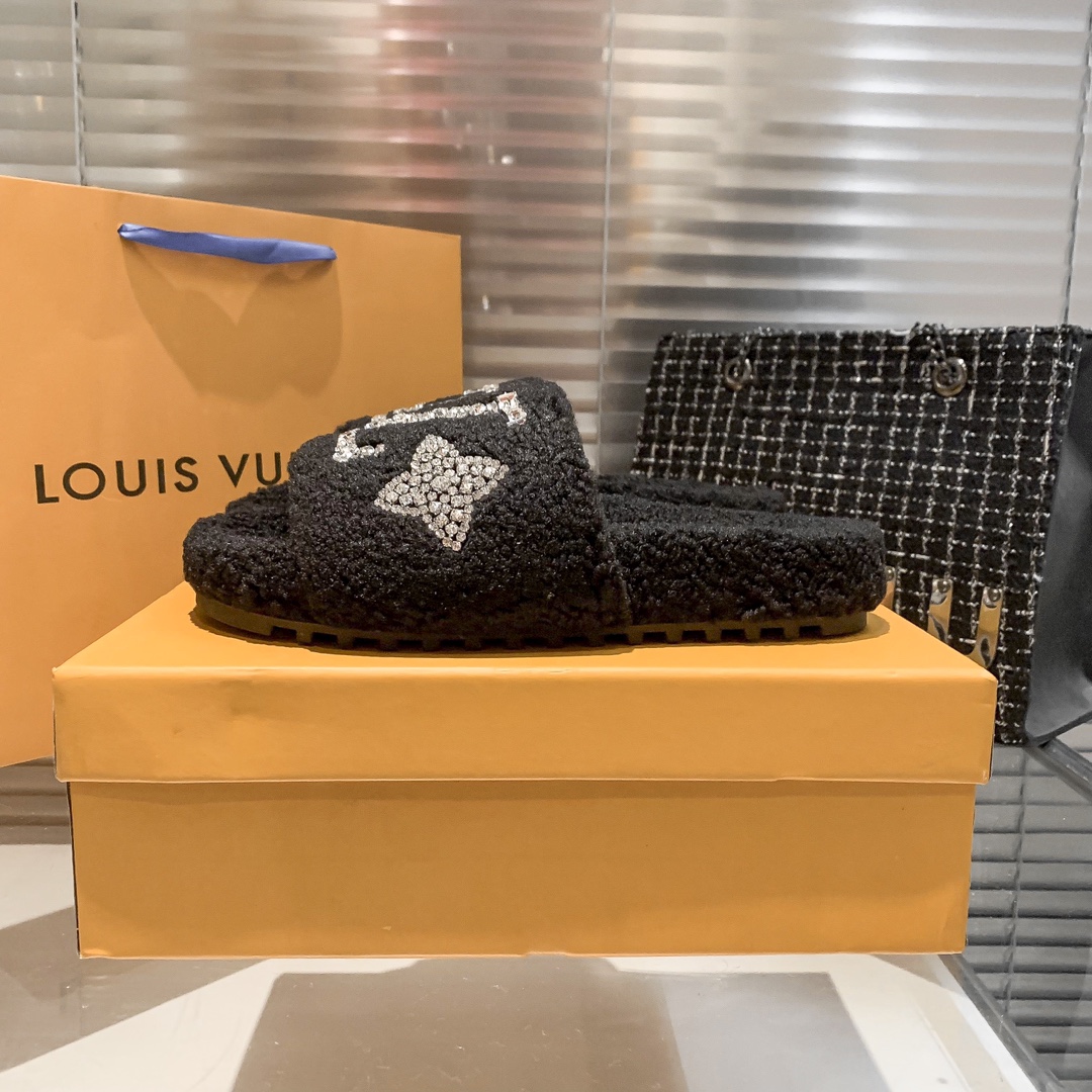 Louis Vuitton rhinestone fur slippers