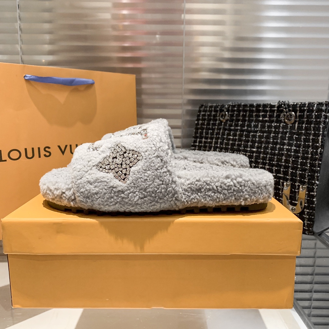 Louis Vuitton rhinestone fur slippers