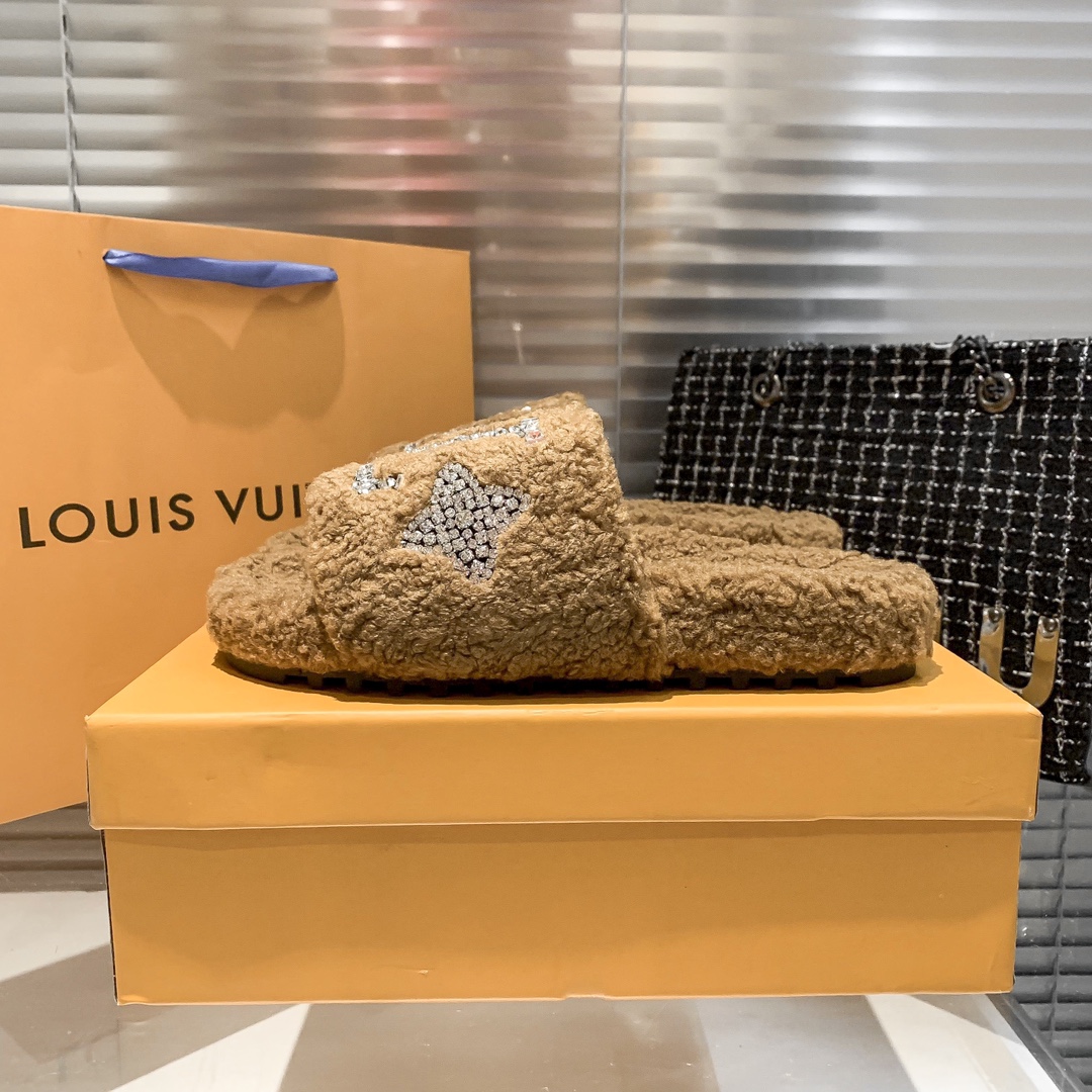 Louis Vuitton rhinestone fur slippers