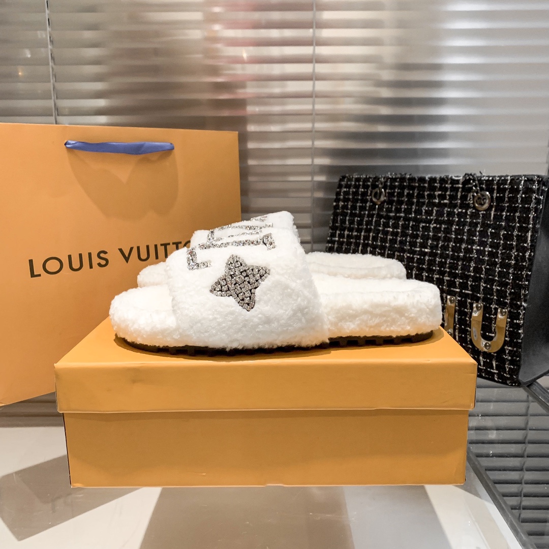 Louis Vuitton rhinestone fur slippers